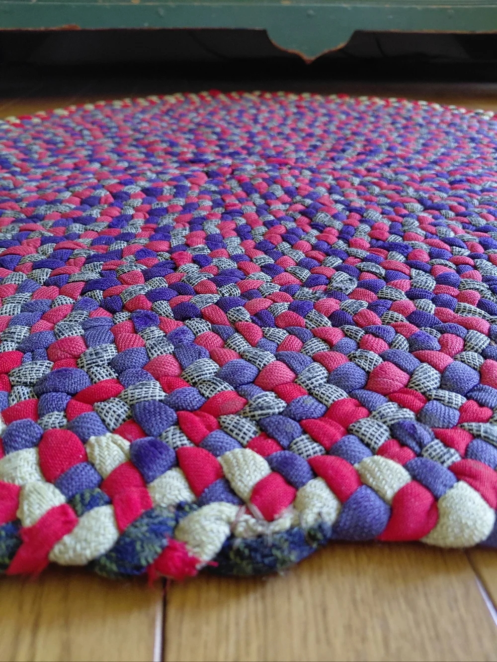 Antique pre 1920s family owned handmade round red & blue braided rag rug - 29